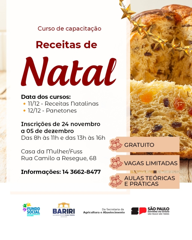 PREFEITURA DE BARIRI ABRE INSCRIÇÕES PARA CURSO GRATUITO DE RECEITAS NATALINAS