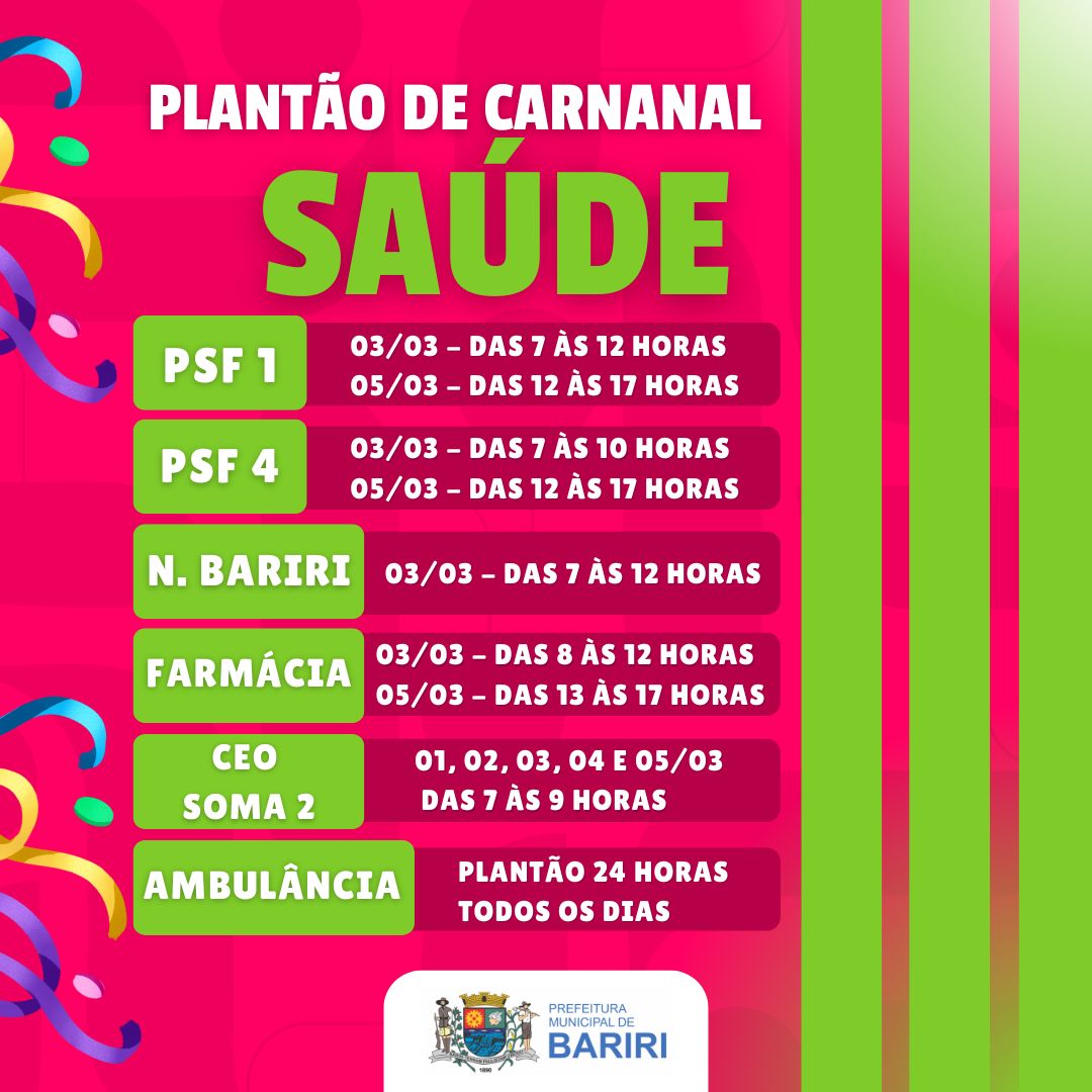 BARIRI: DIRETORIA DE SAÚDE TERÁ EQUIPES DE PLANTÃO DURANTE O CARNAVAL.
