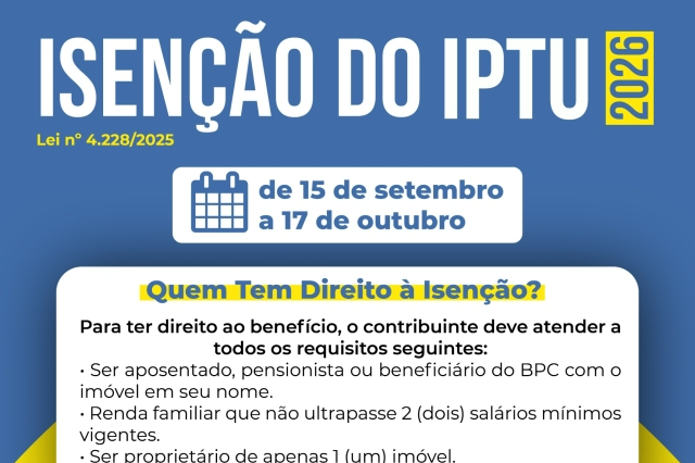 PEDERNEIRAS: ISENÇÃO DO IPTU 2026!! PERÍODO PARA SOLICITAÇÃO SERÁ DE 15 DE SETEMBRO A 17 DE OUTUBRO.