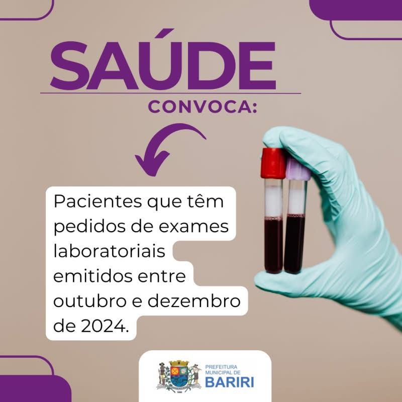 BARIRI: SAÚDE CONVOCA PACIENTES PRA EXAMES LABORATORIAIS