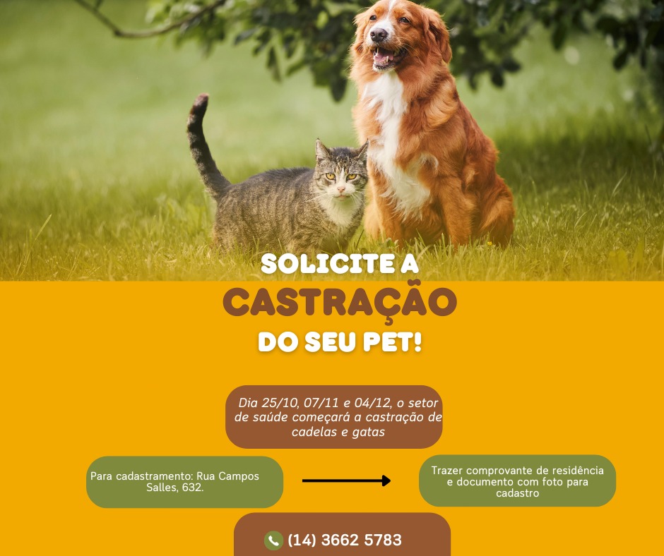 ​PREFEITURA ABRE CADASTRO PARA CASTRAÇÃO GRATUITA DE CÃES E GATOS FÊMEAS NO MUNICÍPIO