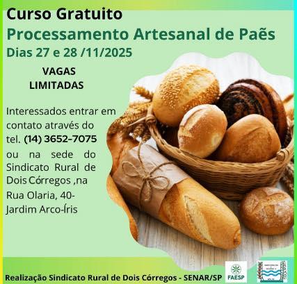 ​  CURSO DE PROCESSAMENTO ARTESANAL DE PÃES TEM INSCRIÇÕES ABERTAS!
