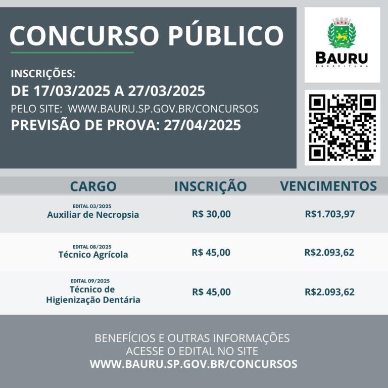 BAURU: MUNICÍPIO ABRE INSCRIÇÕES PARA 7 CONCURSOS PÚBLICOS NA ÚLTIMA SEGUNDA.