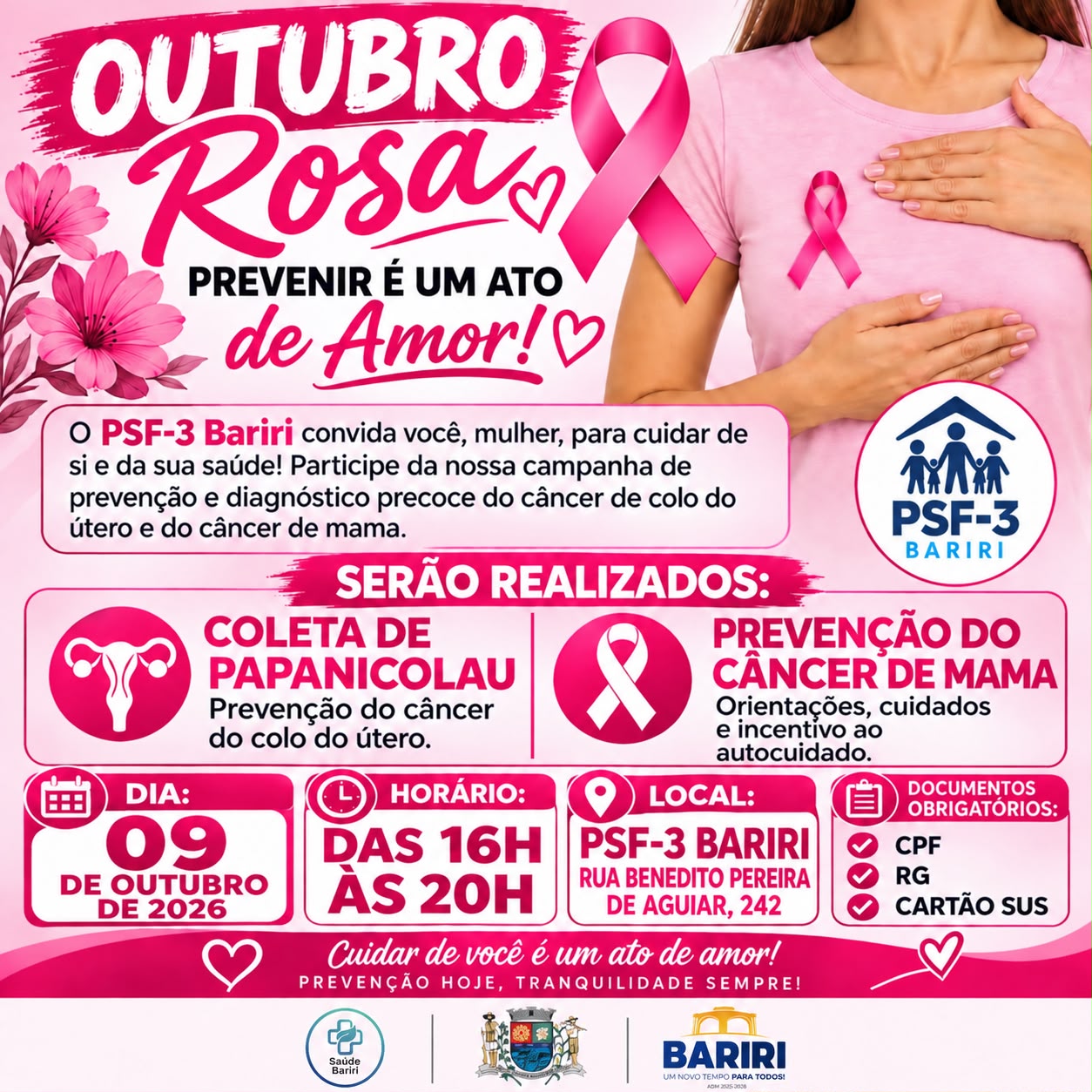 ​OUTUBRO ROSA: PSF-3 DE BARIRI PROMOVE AÇÃO DE CUIDADO COM A SAÚDE DA MULHER