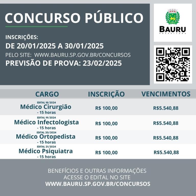 BAURU: PREFEITURA DO MUNICÍPIO ABRE INSCRIÇÕES PARA SETE CONCURSOS PÚBLICOS NESTA SEGUNDA-FEIRA.