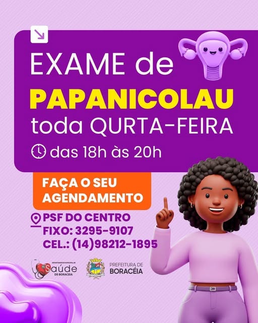 BORACÉIA: PLANTÃO NOTURNO PARA EXAMES DE PAPANICOLAU; AGENDE SEU EXAME.