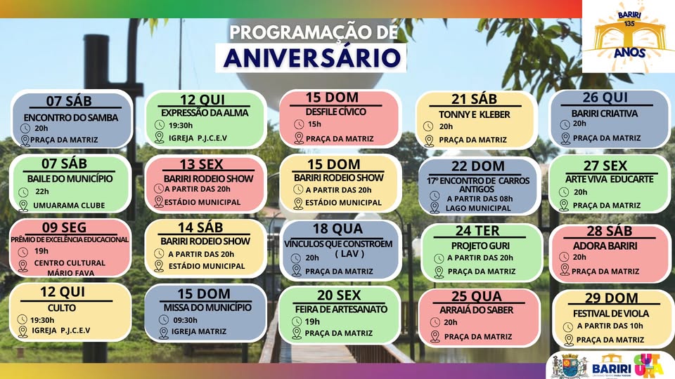 BARIRI: MUNICÍPIO COMEMORA 135 ANOS EM JUNHO COM DIVERSAS ATRAÇÕES PARA A POPULAÇÃO.