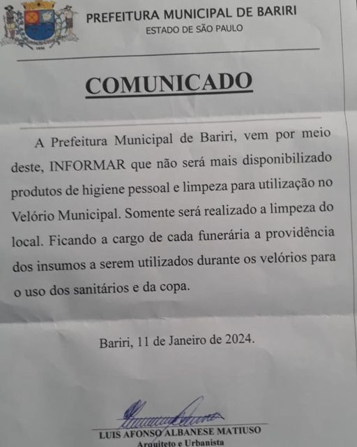 BARIRI: EM COMUNICADO PREFEITURA INFORMA QUE NÃO FORNECERÁ PRODUTOS PARA VELÓRIO MUNICIPAL